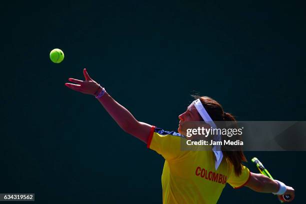 Mariana Duque of Colombia serves during the third day of the Tennis Fed Cup, American Zone Group 1 at Club Deportivo La Asuncion, on February 08,...
