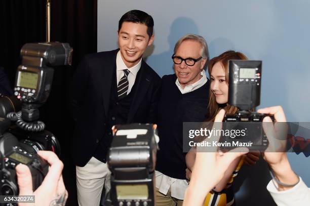 Actor Park Seo-joon, fashion designer Tommy Hilfiger and singer Jessica Jung attend the TommyLand Tommy Hilfiger Spring 2017 Fashion Show on February...