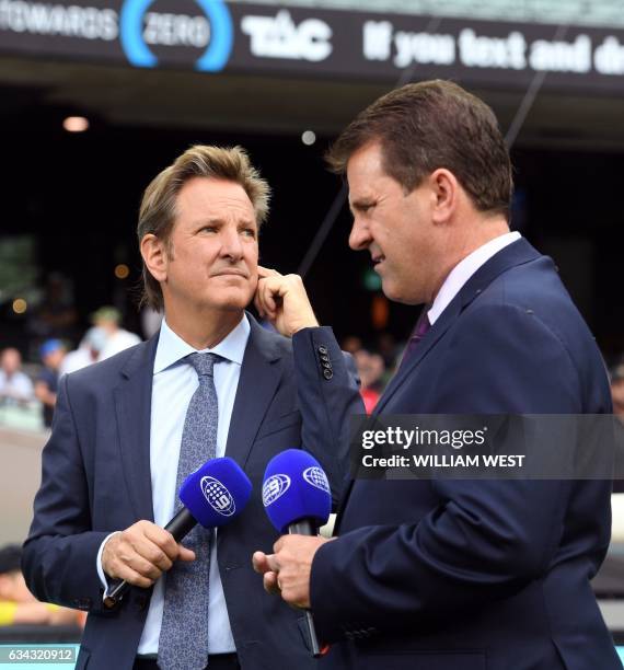 This photo taken on December 27 shows former England county cricketer and now Channel Nine cricket commentator Mark Nicholas with fellow commentator...