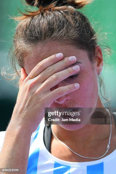 Catalina Pella of Argentina reacts during the third day of the Tennis Fed Cup, American Zone Group 1 at Club Deportivo La Asuncion, on February 08,...