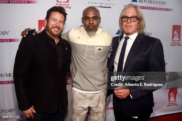 Producer John Burk, musician Von Vargas and The Village CEO Jeff Greenberg attend the P&E Wing Event honoring Jack White at The Village Studios on...