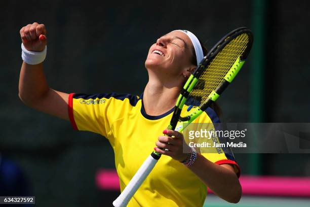 Mariana Duque of Colombia, celebrates during the third day of the Tennis Fed Cup, American Zone Group 1 at Club Deportivo La Asuncion, on February...