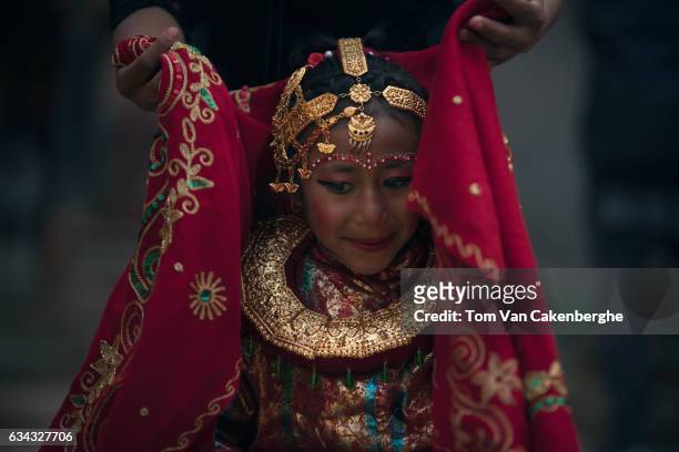 Young Nepalese girl dressed as a bride, takes part in the Bel Bibaha ritual, celebrated by the Newari ethnicity, indigenous to the Kathmandu Valley...