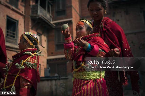 Young Nepalese girls dressed as brides hold a Bael fruit, or wood apple, during the Bel Bibaha ritual, celebrated by the Newari ethnicity, indigenous...
