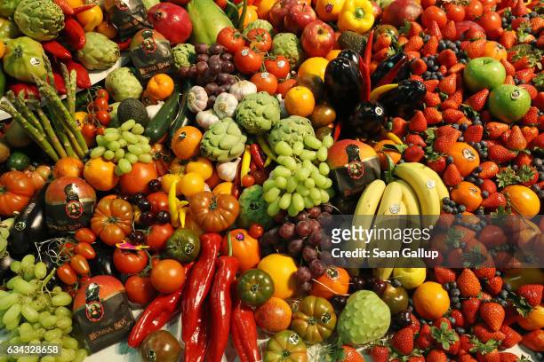 Fresh fruits and vegetables lie on display at a Spanish producer's stand at the Fruit Logistica agricultural trade fair on February 8, 2017 in...