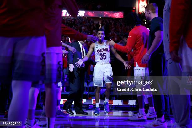 Allonzo Trier of the Arizona Wildcats is introduced before the start of the college basketball game against the Stanford Cardinal at McKale Center on...