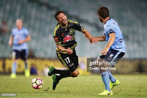 Vince Lia of Wellington Phoenix clashes with Joshua Brillante of Sydney FC during the round 19 A-League match between Sydney FC and the Wellington...