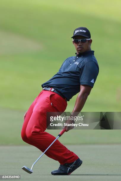 Arie Irawan of Malaysia reacts on the 5th hole during Day One of the Maybank Championship Malaysia at Saujana Golf and Country Club on February 9,...