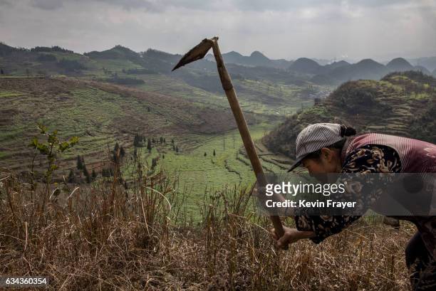 Yi villager works after Tiaohua or Flower Festival as part of the Lunar New Year on February 7, 2017 overlooking the Long Horn Miao area of Longga,...