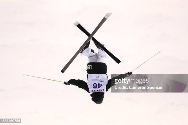 Patrick Deneen of the United States performs an air during a men's moguls training session prior to the FIS Freestyle World Cup at Bokwang Snow Park...