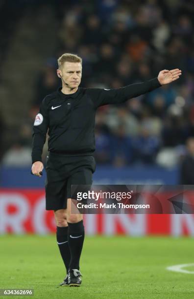 Referee Michael Jones during the Emirates FA Cup Fourth Round Replay beteween Leicester City and Derby County at The King Power Stadium on February...
