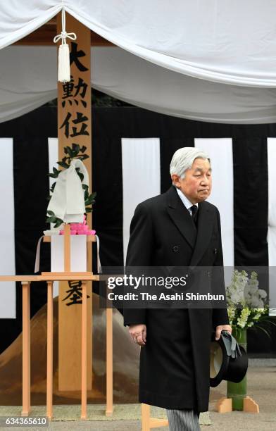 Emperor Akihito is seen during their visit to the grave of late Prince Mikasa at Toshimagaoka Cemetery on February 9, 2017 in Tokyo, Japan.