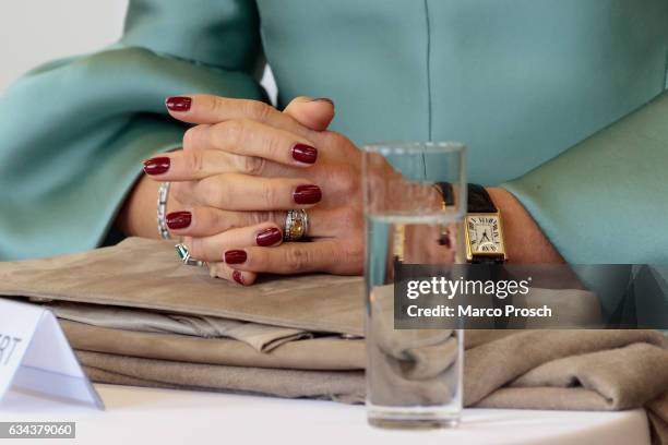 Close-up of Queen Maxima Of The Netherlands' hands during a visit to the Spinlab - a former cotton spinning mill now home to a startup accelerator,...