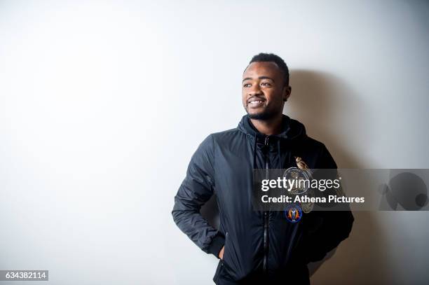Jordan Ayew smiles after signing a contract with Swansea City at The Fairwood Training Ground on February 08, 2017 in Swansea, Wales.