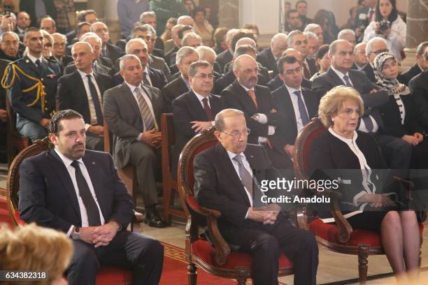 President of Lebanon, Michel Aoun , his wife Nadia Al Chami and Lebanese Prime Minister Saad Hariri attend a service for Saint Maroun Day at the...