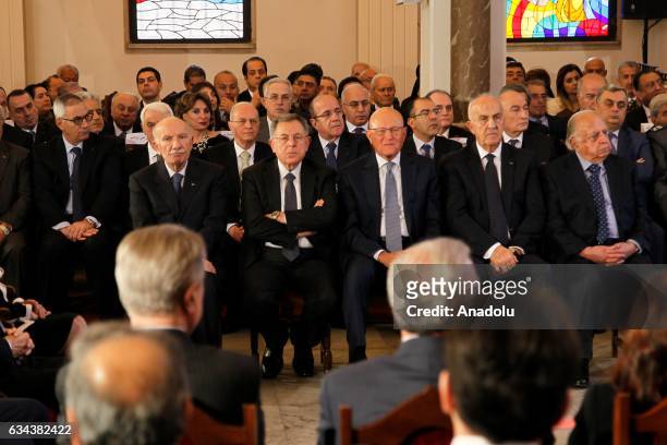 Former Lebanese Prime Ministers Fouad Siniora , Tammam Salam and Defense Minister of Lebanon Samir Mouqbel attend a service for Saint Maroun Day at...
