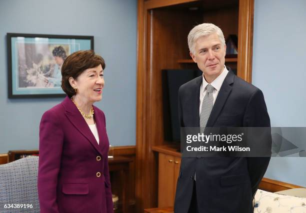 Supreme Court nominee Judge Neil Gorsuch meets with Sen. Susan Collins in her office on Capitol Hill February 9, 2017 in Washington, DC. President...