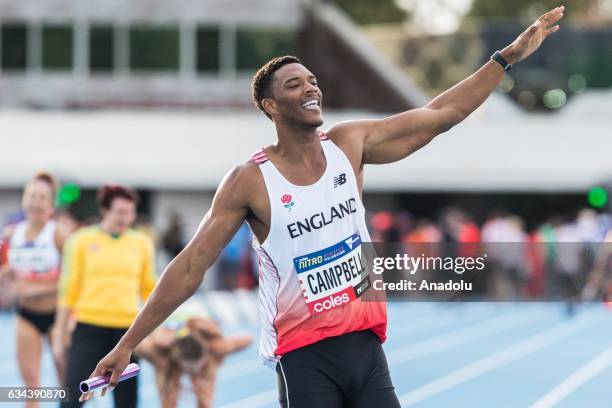 Theo Campbell of England celebrates after passing the finish line in first place during round 2 of the Nitro Athletics event at Lakeside Stadium...