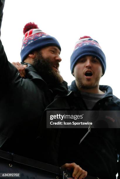 New England Patriots wide receiver Julian Edelman and New England Patriots punter Ryan Allen during the Patriots Victory Parade through the streets...