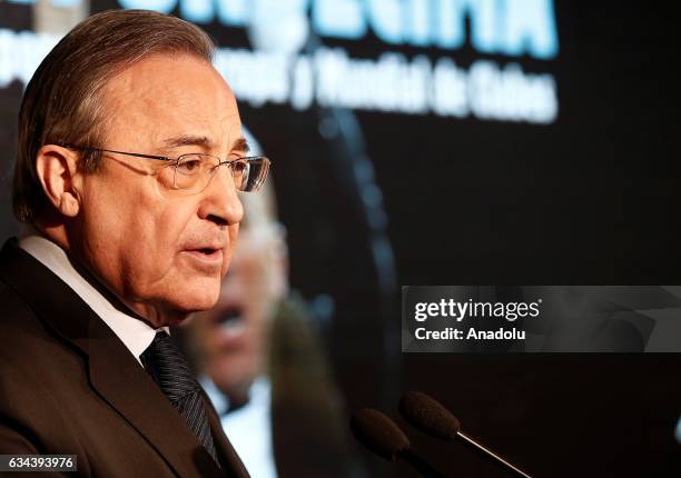 President of Real Madrid, Florentino Perez, speaks during the presentation of the book 'La Undecima. Supercopa y Mundial de Clubes' in an event held...