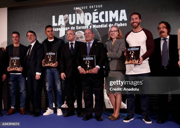President of Real Madrid, Florentino Perez , Sergio Ramos , Keylor Navas , Lucas Vazquez and writer Enrique Ortega attend the presentation of the...