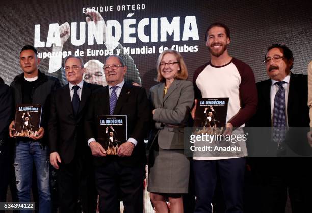President of Real Madrid, Florentino Perez , Sergio Ramos ,Keylor Navas , Lucas Vazquez and writer Enrique Ortega attend the presentation of the book...