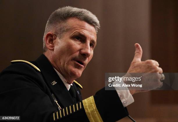 Army Gen. John Nicholson, commander of Resolute Support of United States Forces, testifies during a hearing before Senate Armed Services Committee...