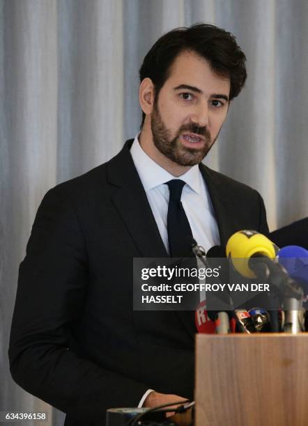 Antonin Levy, lawyer of French presidential election candidate for the right-wing Les Republicains party Francois Fillon, addresses a press...