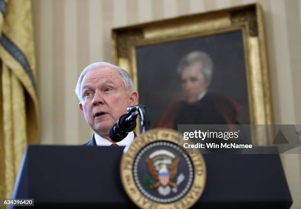 Sen. Jeff Sessions delivers remarks prior to being sworn in as the new U.S. Attorney General in the Oval Office of the White House February 9, 2017...