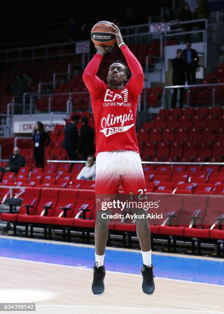 Awudu Abass, #23 of EA7 Emporio Armani Milan warms-up prior to the 2016/2017 Turkish Airlines EuroLeague Regular Season Round 22 game between Anadolu...