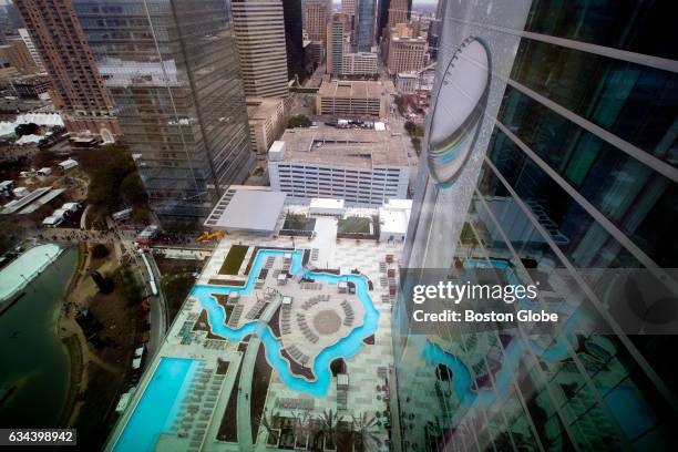 View of the Marriott Marquis' Texas-shaped pool and a giant Lombardi Trophy is pictured from the top floor of the hotel in Houston, TX on Feb. 4,...