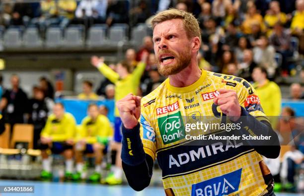 Gudjon Valur Sigurdsson of Rhein Neckar Loewen celebrates a goal during the EHF Men's Champions League Group Phase game between Rhein-Neckar Loewen...