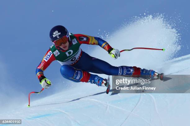 Laurenne Ross of USA competes in the Ladies Downhill training on February 9, 2017 in St Moritz, Switzerland.