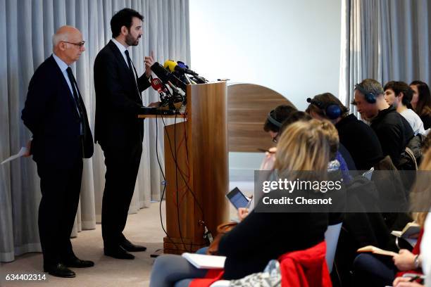 Antonin Levy , lawyer for Francois Fillon, French presidential election candidate for the right-wing "Les Republicains" party flanked by Pierre...