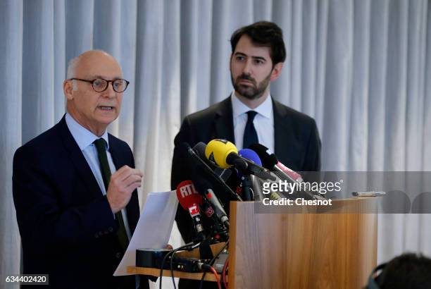 Pierre Cornut-Gentille , lawyer of Penelope Fillon, flanked by Antonin Levy , lawyer for Francois Fillon, French presidential election candidate for...