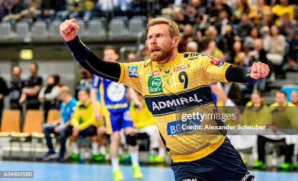 Gudjon Valur Sigurdsson of Rhein Neckar Loewen celebrates a goal during the EHF Men's Champions League Group Phase game between Rhein-Neckar Loewen...