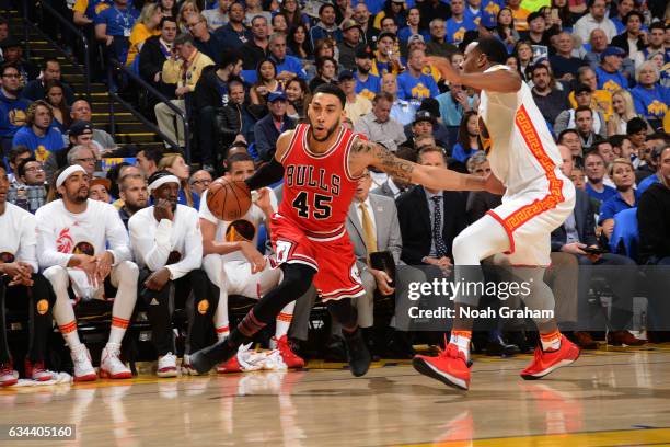 Denzel Valentine of the Chicago Bulls drives to the basket against the Golden State Warriors on February 8, 2017 at ORACLE Arena in Oakland,...