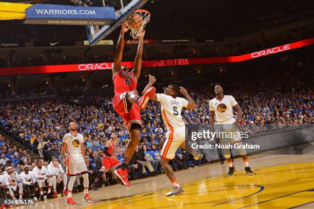 Cristiano Felicio of the Chicago Bulls dunks the ball against the Golden State Warriors on February 8, 2017 at ORACLE Arena in Oakland, California....