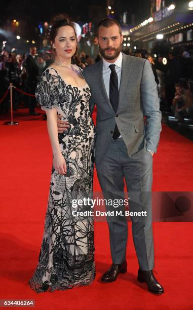 Dakota Johnson and Jamie Dornan attend the UK Premiere of "Fifty Shades Darker" at Odeon Leicester Square on February 9, 2017 in London, United...