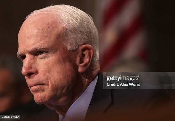 Committee chairman Sen. John McCain listens during a hearing before Senate Armed Services Committee February 9, 2017 on Capitol Hill in Washington,...
