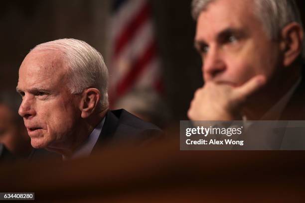 Committee chairman Sen. John McCain speaks as ranking member Sen. Jack Reed listens during a hearing before Senate Armed Services Committee February...