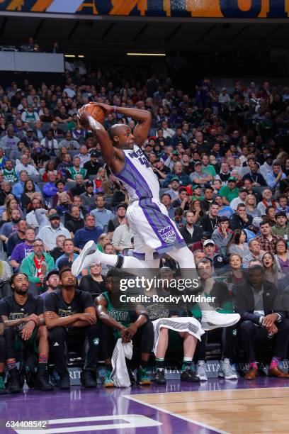 Anthony Tolliver of the Sacramento Kings saves a loose ball from going out of bounds during the game against the Boston Celtics on February 8, 2017...