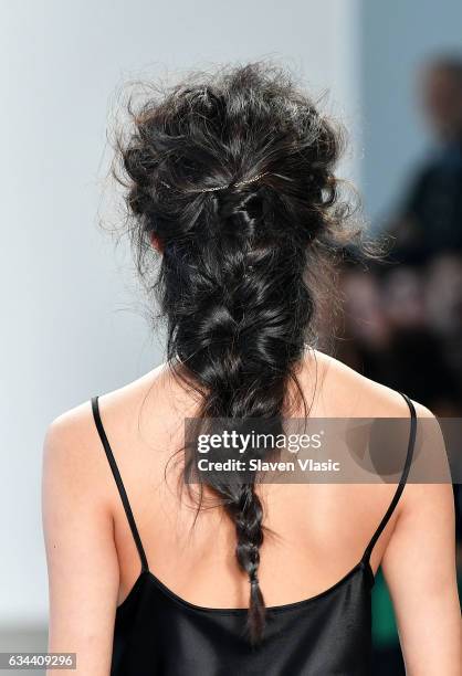 Model, hair detail, walks the runway at Ane Amour fashion show during February 2017 New York Fashion Week at Pier 59 on February 9, 2017 in New York...