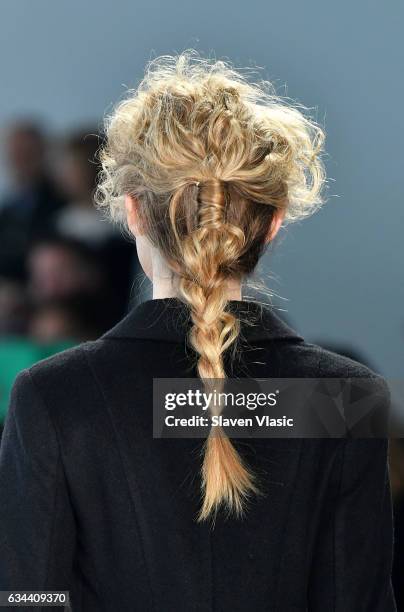 Model, hair detail, walks the runway at Ane Amour fashion show during February 2017 New York Fashion Week at Pier 59 on February 9, 2017 in New York...