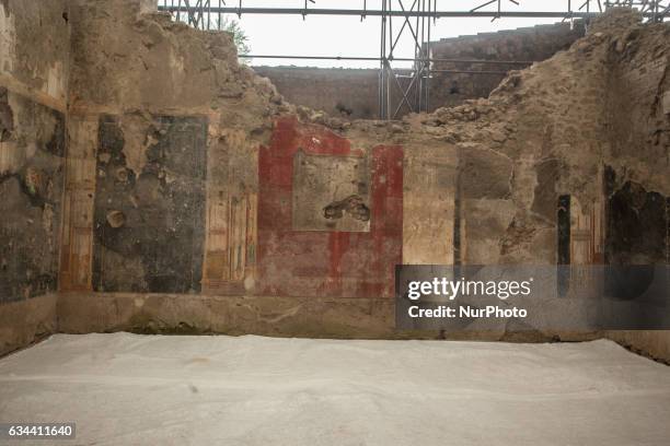 Fresco into the insula of the Chaste Lovers into the archeological ruins of Pompeii, along Via dell'Abbondanza, on February 8, 2017. The Domus of the...