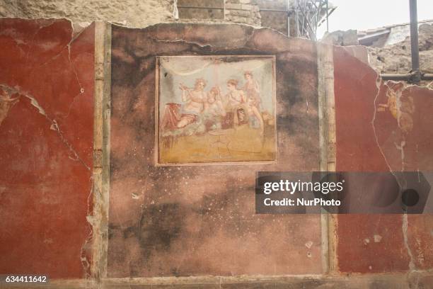 Fresco into the insula of the Chaste Lovers into the archeological ruins of Pompeii, along Via dell'Abbondanza, on February 8, 2017. The Domus of the...