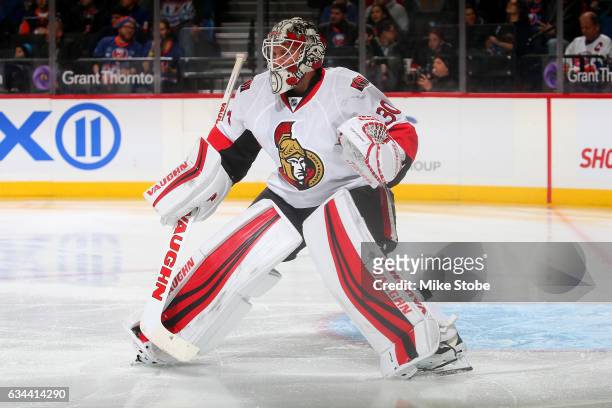 Andrew Hammond of the Ottawa Senators skates against the New York Islanders at the Barclays Center on December 18, 2016 in Brooklyn borough of New...