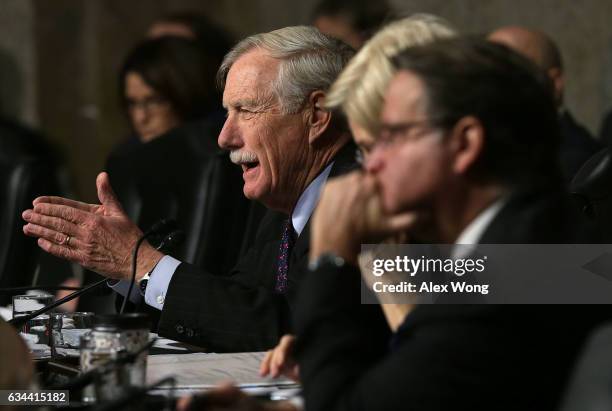 Sen. Angus King speaks during a hearing before Senate Armed Services Committee February 9, 2017 on Capitol Hill in Washington, DC. The committee held...