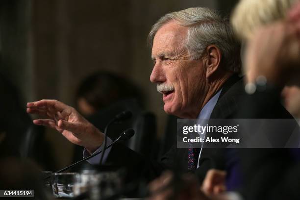 Sen. Angus King speaks during a hearing before Senate Armed Services Committee February 9, 2017 on Capitol Hill in Washington, DC. The committee held...