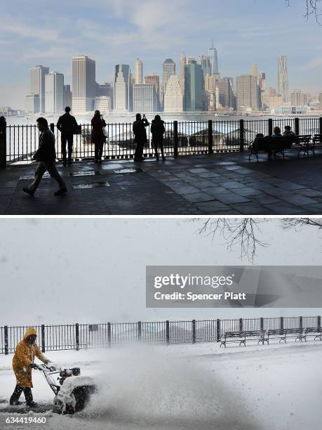 Pedestrians walk in Brooklyn on an unseasonably warm afternoon with temperatures reaching near 60 degrees on February 8, 2017 in New York City. New...